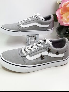 Vans🐝 Bees Drizzle Ward Grey Checkerboard Old Skool Sneakers| Embroidery